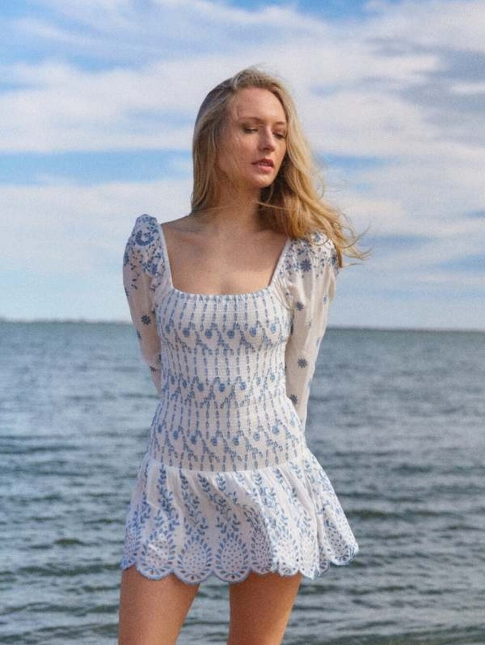 Blue Embroidered Eyelet Smocked Mini Dress With Square Neck And Scallop Hem